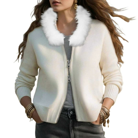 Women's Hooded Fleece Cardigan - Soft Fur Collar Sweater Jacket, Casual Warm Outerwear, Beige