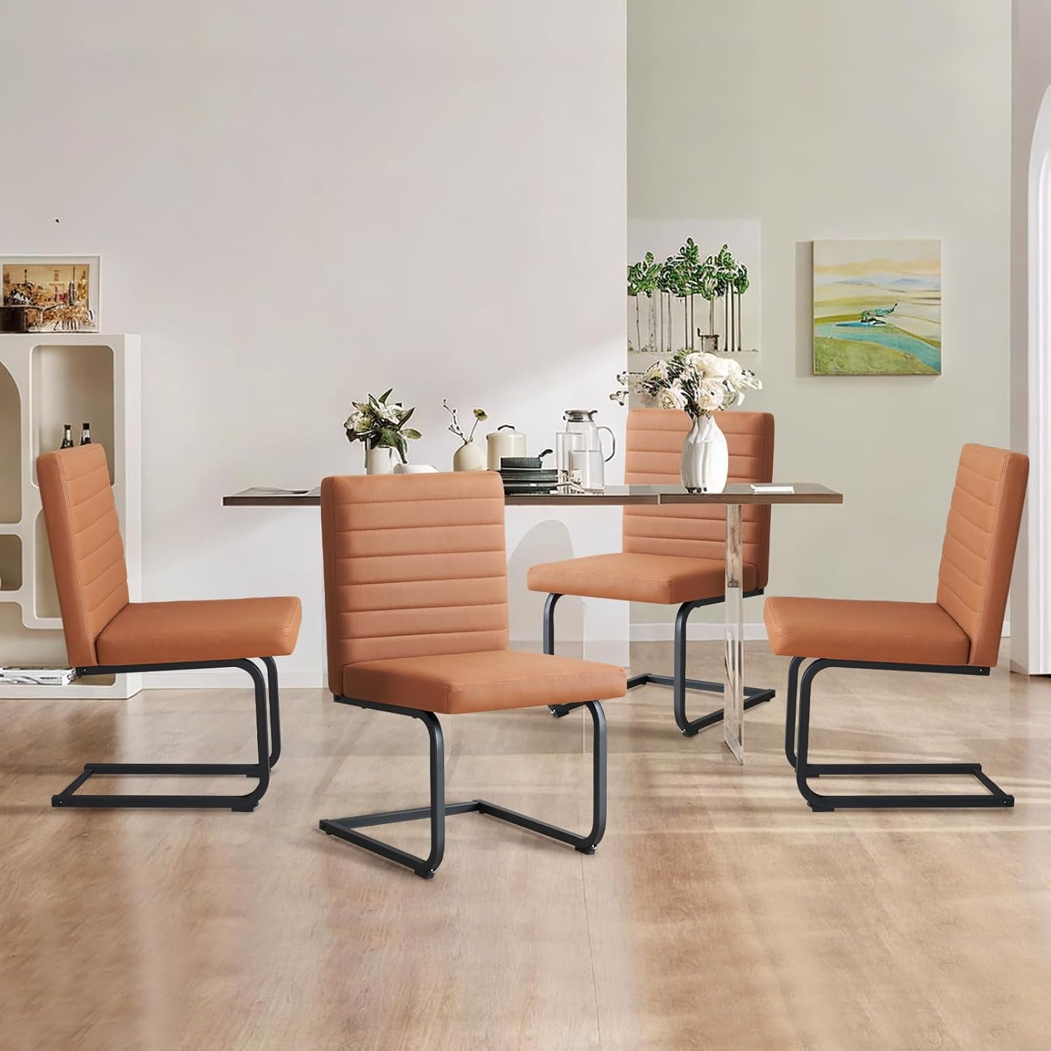 Dining Chairs Set of 2, Upholstered Technical Fabric Dining Room Chairs with Sturdy Base, High Back, Brown