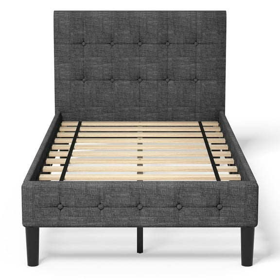 Giantex Twin Size Upholstered Bed Frame w/Button Square Stitched Headboard & Solid Wood Slat Support, No Box Spring Needed, Easy Assembly