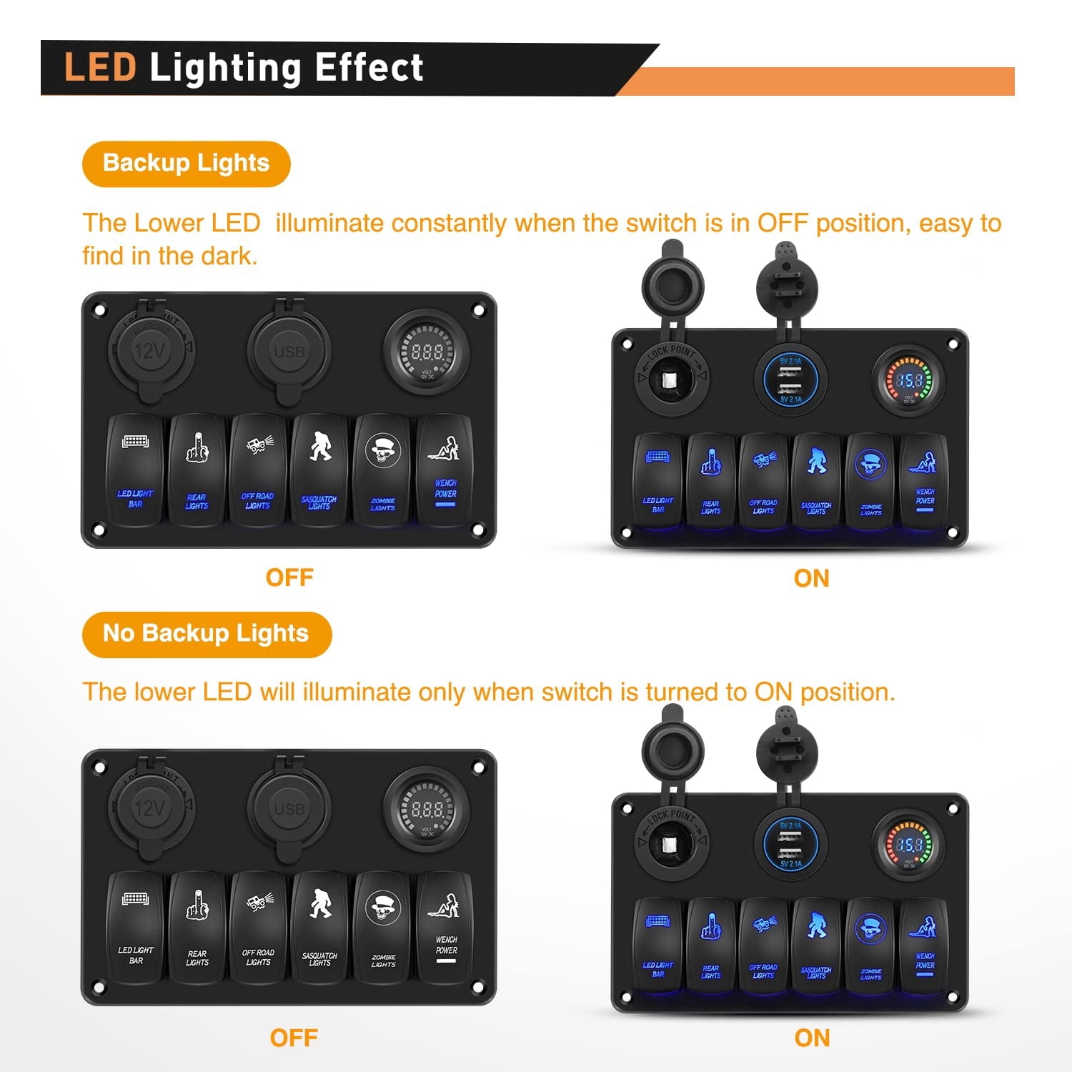 Waywe 6 Gang Rocker Switch Panel with Aluminum Holder, LED Toggle Switch Panel with Power Socket, Dual USB Charger and Voltmeter, 12V/24V for Car, Truck, RV, Boat, UTV, Camper