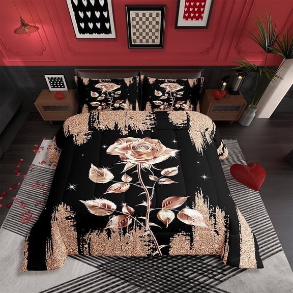 Shiny Rose Comforter Set Women,Orange Pink Rose Bedding King,Black Yellow Glitter Bedding Comforter Sets,Abstract Fluid Drip Duvet Insert with 2 Pillowcases