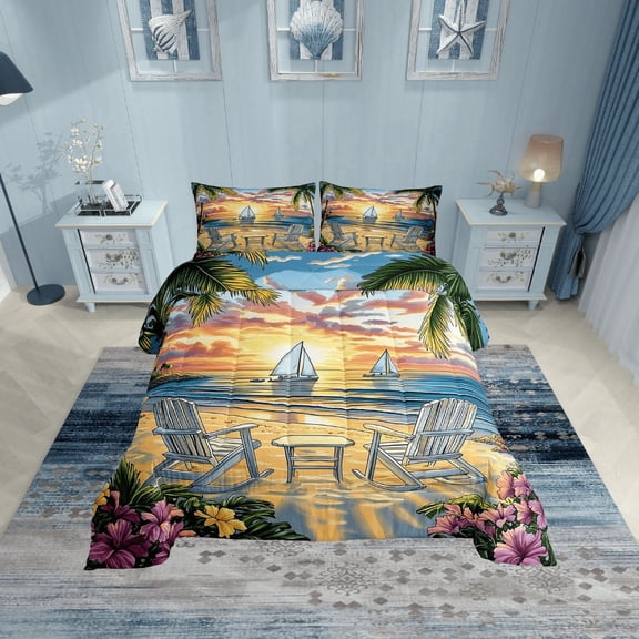 Erosebridal Cartoon Beach Bedding Twin Comforter Set, Ocean Marine Down Comforter, Tropic Flower Reversible Comforter Sets Twin Size, Breathable Bedroom Decor, 2 Pieces