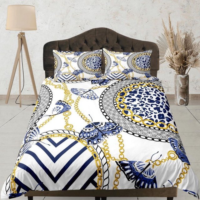 Azul Barroco Lujoso Juego de Funda Nórdica Estética Juego de Cama Completo Decoración Victoriana,