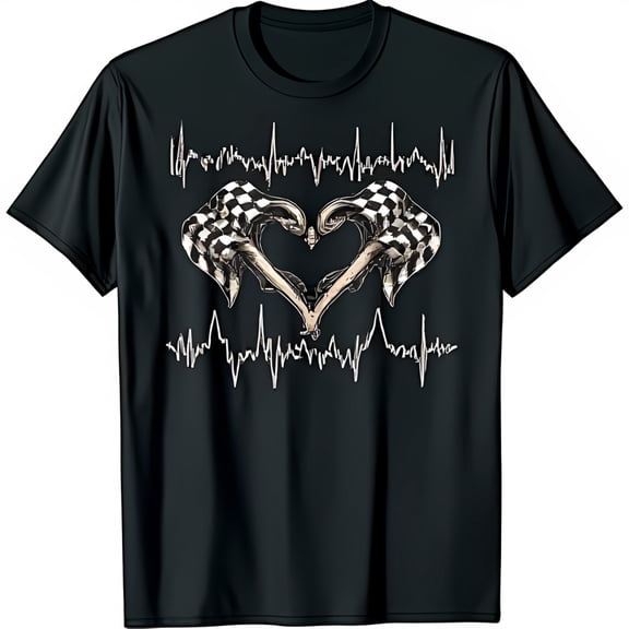 Heart Shaped Checkered Graphic Black T-Shirt for Racing Fans