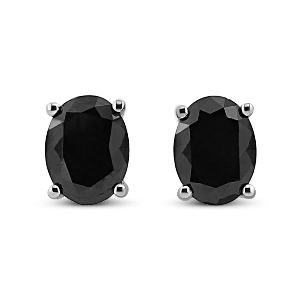 2.00 CTTW Solid .925 Sterling Silver Oval Created Black Sapphire Studs 