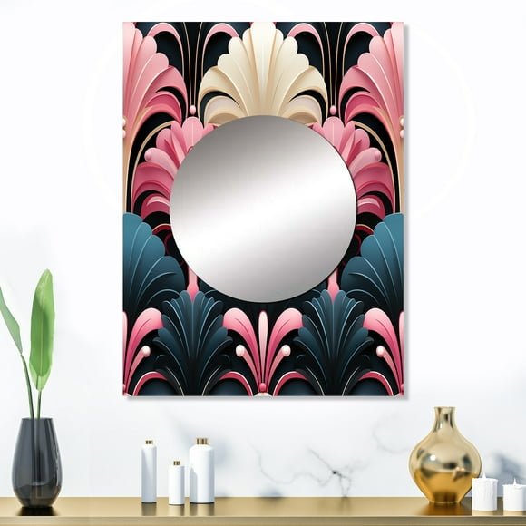 Designart "Pink & Blue Art Deco Elegance" Damask Mirror Wall Decor - Bohemian Pink Damask Large Mirror For Wall Art Decor - 32" x 24" Inch
