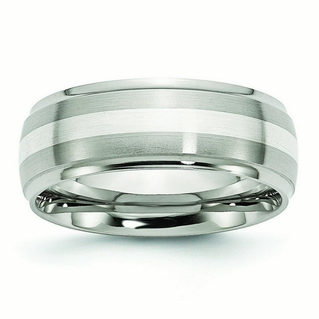 Stainless Steel 925 Sterling Silver Engravable Inlay Ridged Edge 8mm Brushed and Polished Ring Size 10.5 Jewelry Gifts f