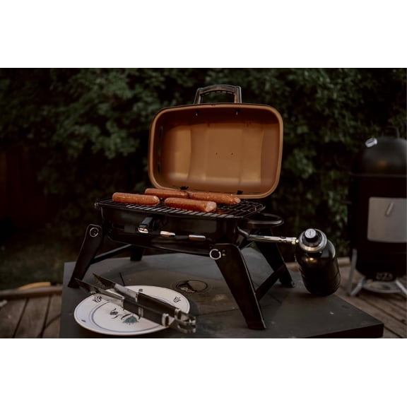 GasOne Tabletop Propane Grill – Portable Grill Propane with Heat Resistant Handles, Large Cooking Surface – User Friendly Temperature Control Knob Portable Gas Grill for RV, Camping, Home – Tan Brown