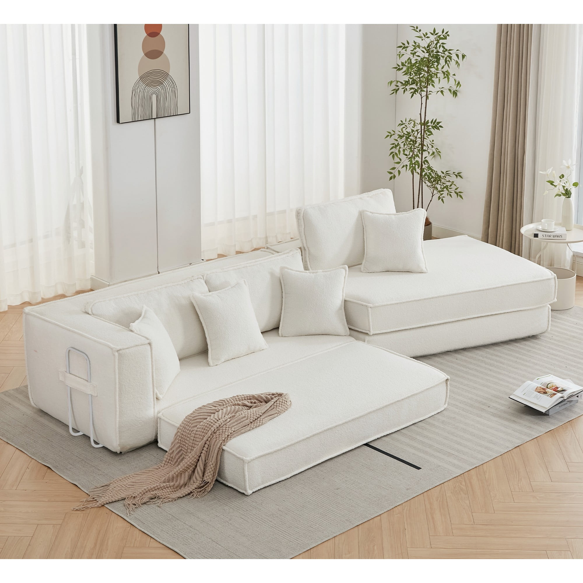 Avobird 133" 2 in 1 Convertible Sofa bed, Loveseat Sleeper Sofa for Living Room Apartment, Lamb Velvet Fabric/Upholstered, Beige