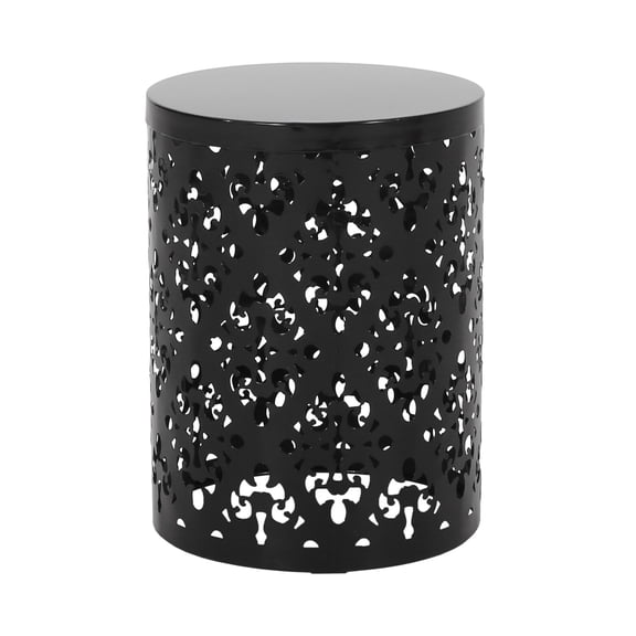 Benjara Kemo Outdoor End Table- Round 14 Inch- Cutout Design- Black Iron Frame