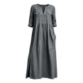thumbnail image 4 of Jovrlynd Fall Midi Dresses for Women V Neck 3/4 Sleeve Cotton Linen Casual Boho Dress with Pockets 2026, S-2XL, 4 of 7