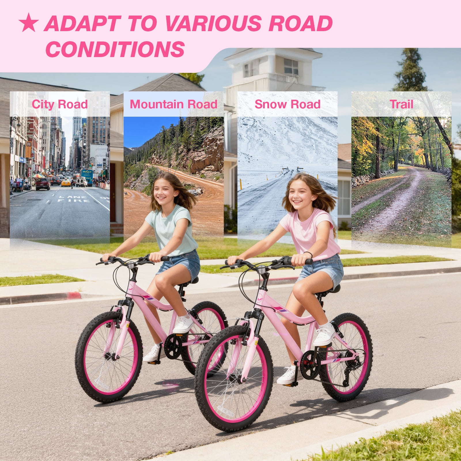 Hykolity Kids Mountain Bike, 24 inch 7 Speed Kid Bicycle, Girls Mountain Bike Age 8-14 Year Old with Front Suspension Fork, Adjustable Seat Height,High-Carbon Steel, Pink
