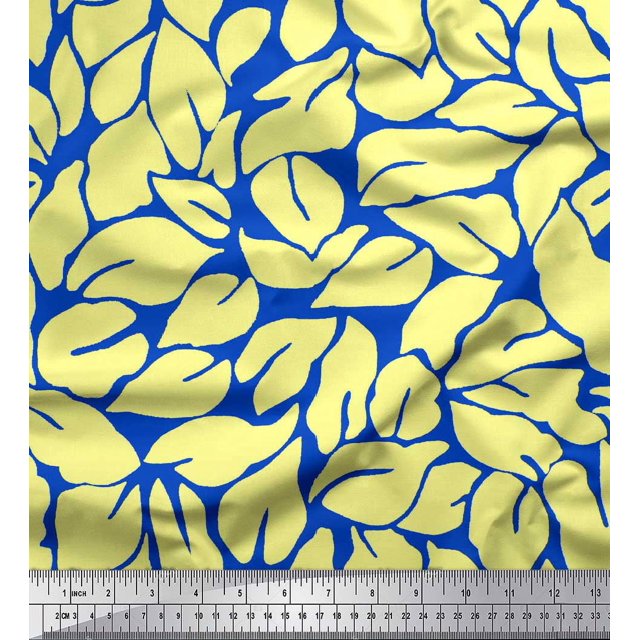Soimoi Blue Heavy Satin Fabric Basil Leaves Decor Fabric Printed Yard 54 Inch Wide