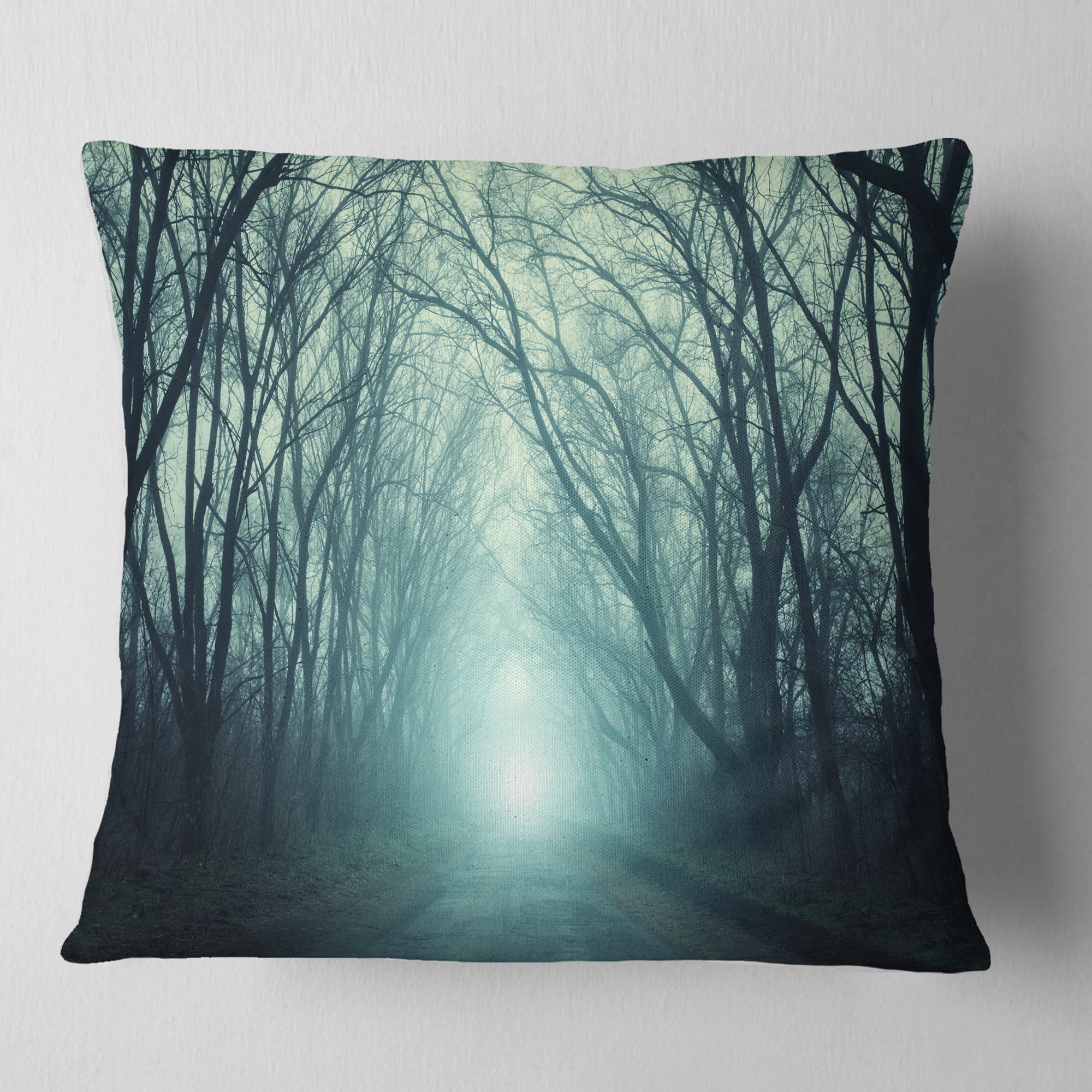 Designart Fall Forest Path with Green Light - Landscape Photography Throw Pillow - 16x16