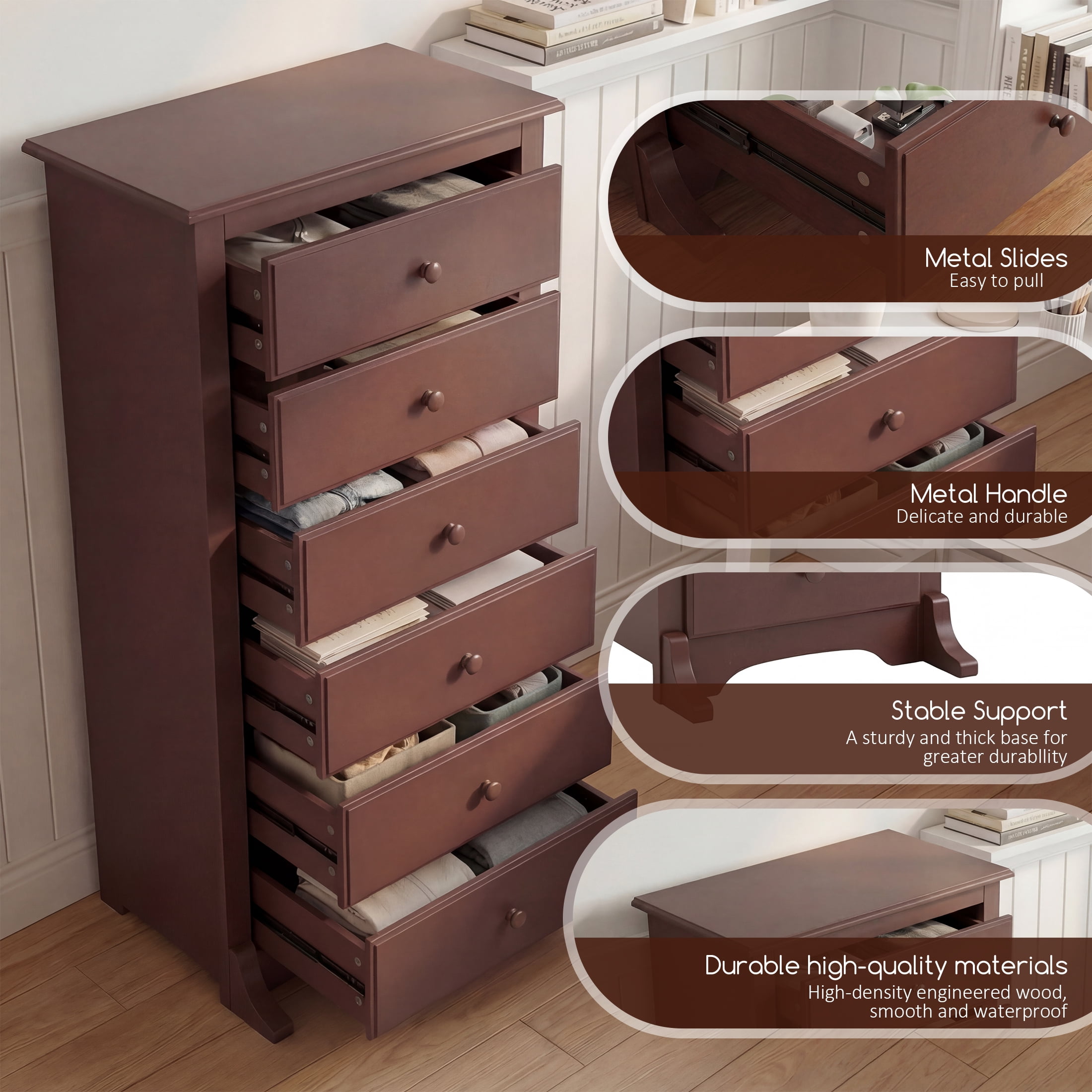 EDX 6 Drawer Wooden Dresser Chest for Bedroom, 19" x 23.25" x 52.75", Modern Storage Cabinet for Living Room Closet, Brown