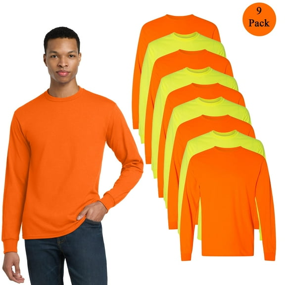 Gildan DryBlend 50/50 Long Sleeve T-Shirt, Men's Hi-Vis Safety Green and Orange Work Tee, 9-Pack S