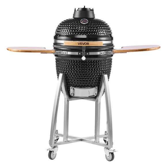 VEVOR Charcoal Smoker and Grill, 18" Kamado Charcoal BBQ Smoker, Movable Ceramic Barbecue Grill with 4 Wheels (2 Lockable), Built-in Thermometer