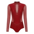 thumbnail image 3 of Hansber Women's Gymnastics Leotard Long Sleeve Sheer Mesh Patchwork Rhinestones Figure Skating Dance Bodysuit Burgundy S, 3 of 5