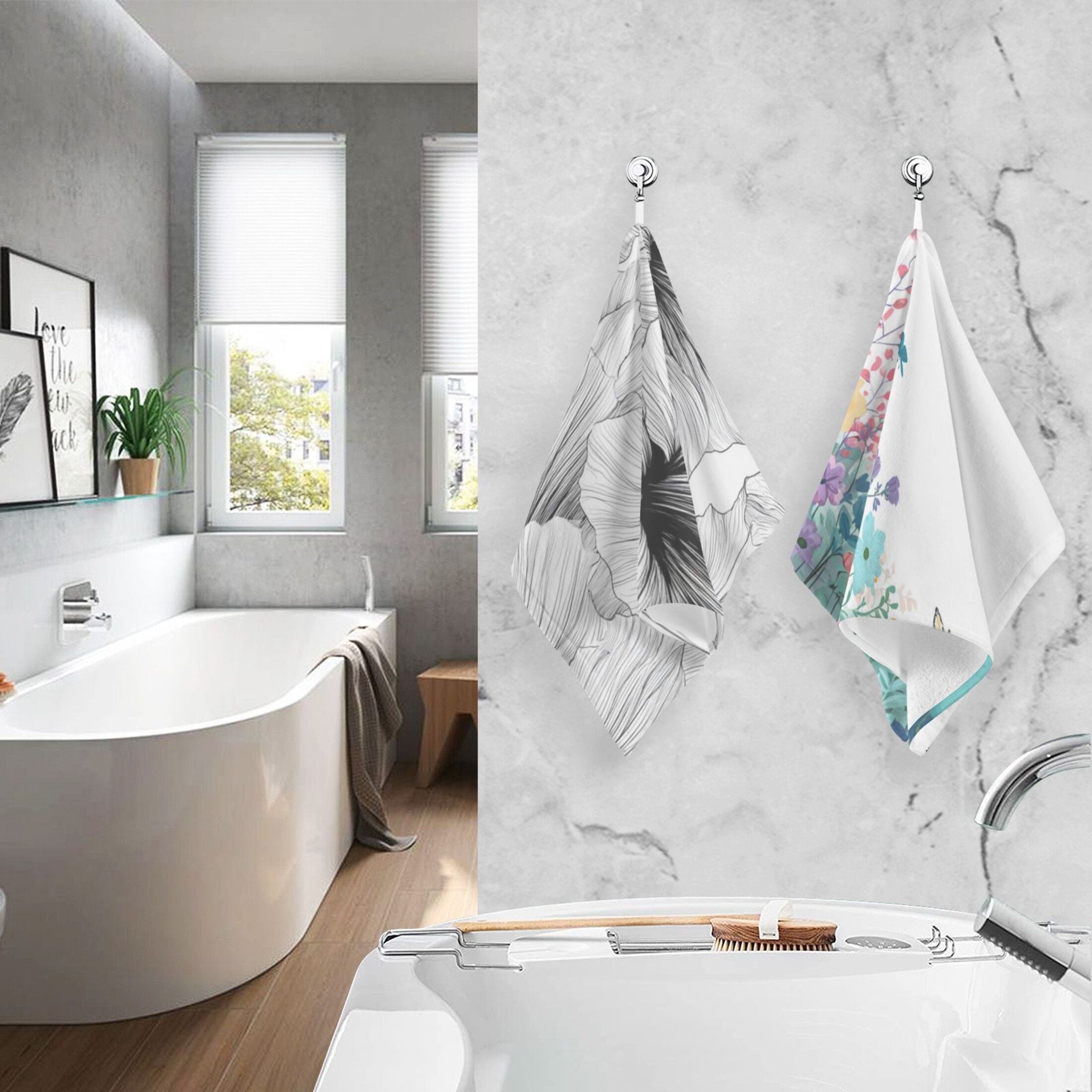 2-Pack Soft 100% Cotton & Highly Absorbent Bath Towel 2 Defferent Pattern Designs Colorful Flowers and Butterflies Black and White Line Art