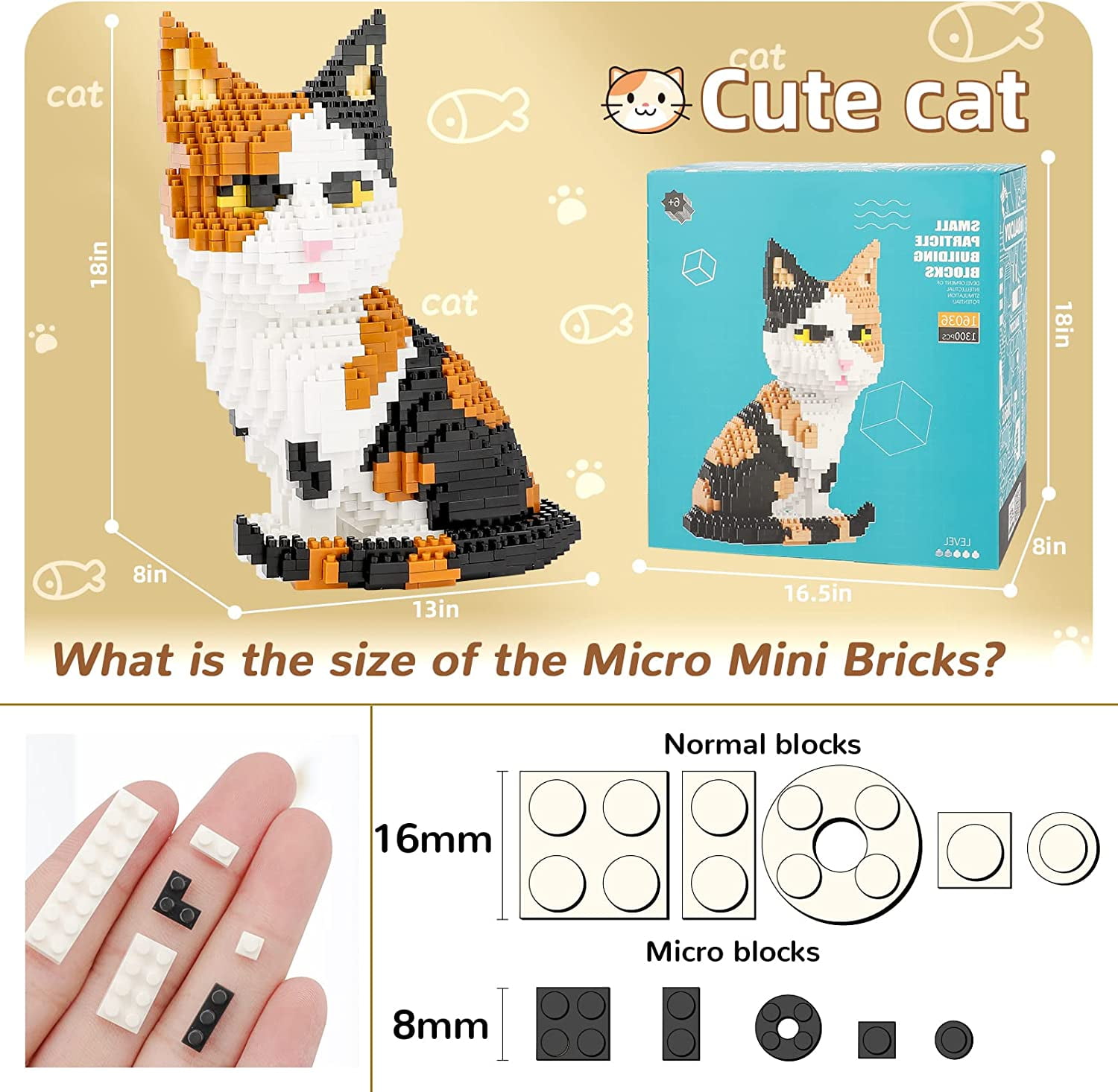 NICKSUN Cartoon Cat Building Blocks for Kids, Mini 3D Tabby Cat Bricks Gift Toy Model Educational Toys Gifts(1300Pcs)