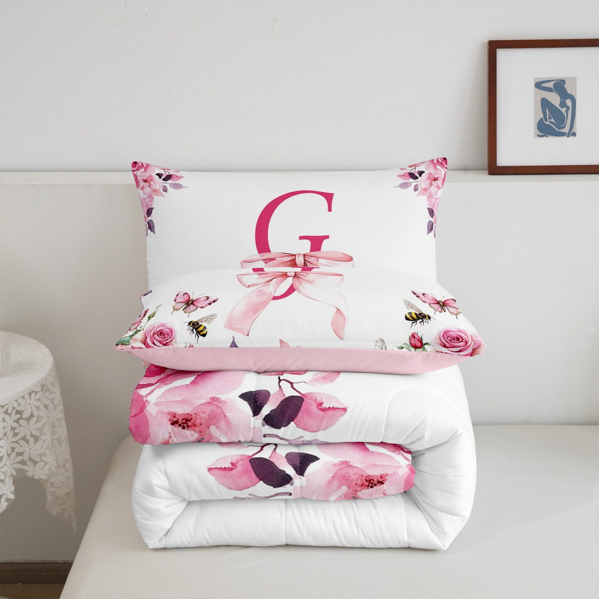 Initial Letter G Comforter Set Twin,Initial A-Z Bedding Set,Floral Bowknot Down Comforter,Romantic Rose Alphabet Reversible Bed Set with 1 Pillowcase Warm