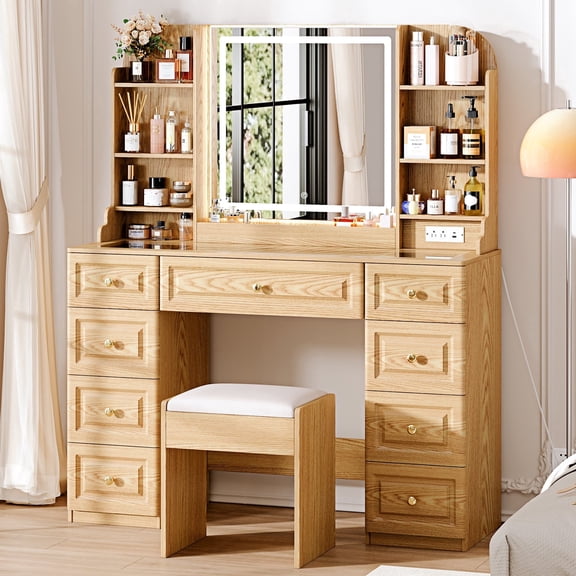Arulvmrn 43" Oak Makeup Vanity Mirror & Lights, Power Outlet, Glass Top, 9 Drawers & 8 Shelves, Chair, Bedroom