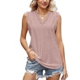 thumbnail image 1 of Top de mujer sin mangas con cuello en V, blusa con ojales de encaje, blusa informal holgada de color puro, rosa polvoriento XL, 1 of 6
