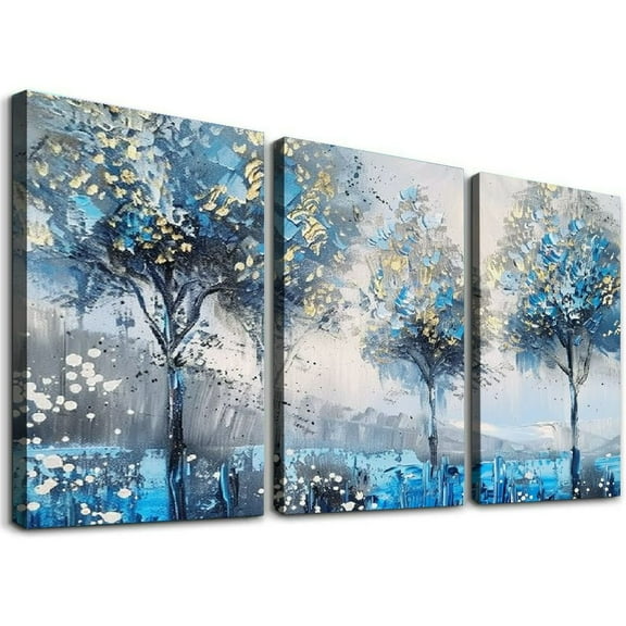 Ullo0ord  Tree Wall Art Canvas Teal Landscape Painting Blue Forest Textured Picture Modern Panoramic Abstract Nature Artwork Large Size Framed for Living Room Bedroom Bathroom Home Office Wall Decor