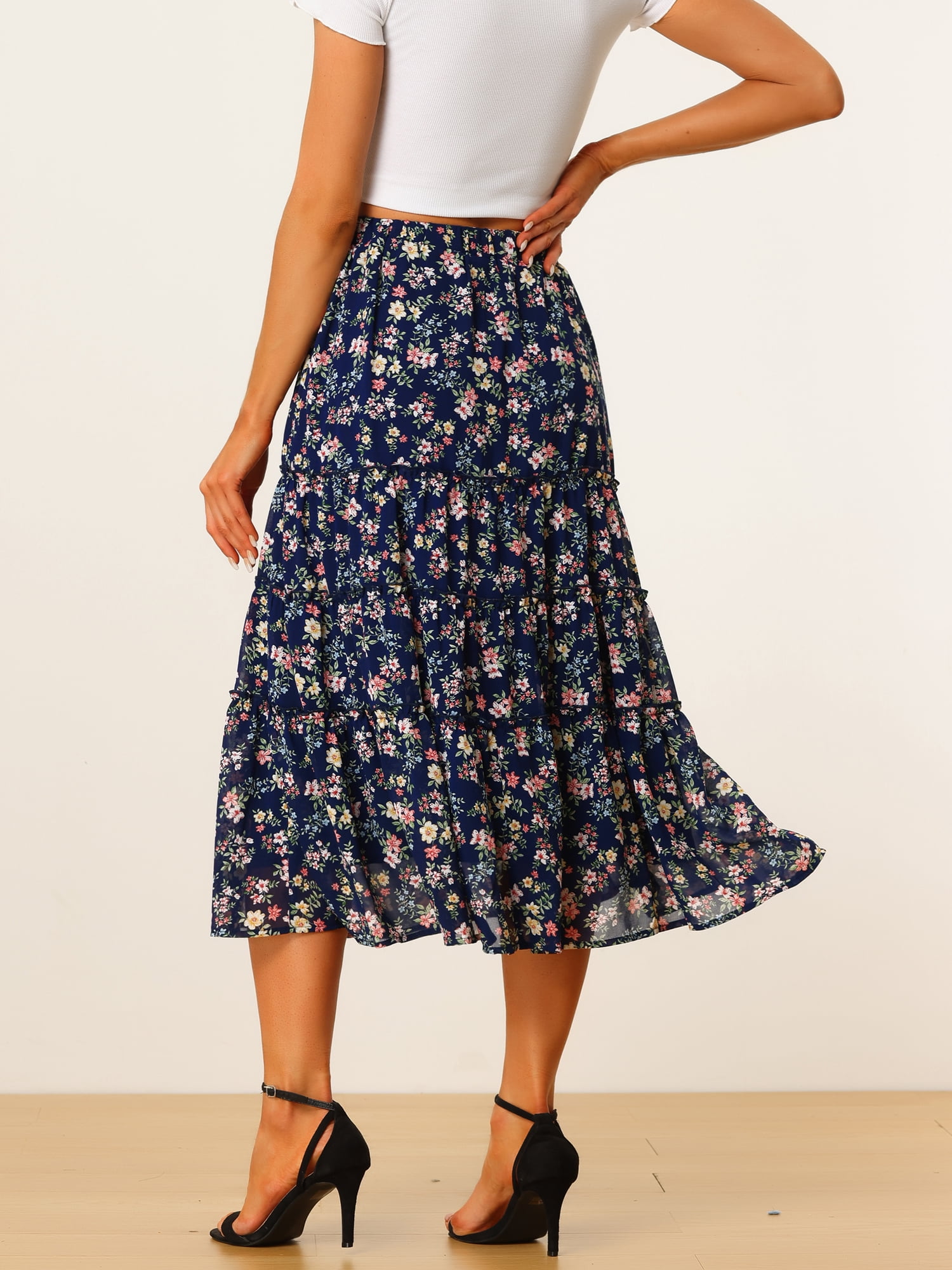 DARING DIVA Women's Chiffon Tiered A-Line Maxi Skirt S Navy Blue