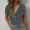 thumbnail image 4 of Bzhegqhd Women's New Summer Striped V-neck Button Hole Short Sleeved T-shirt Top, 4 of 8