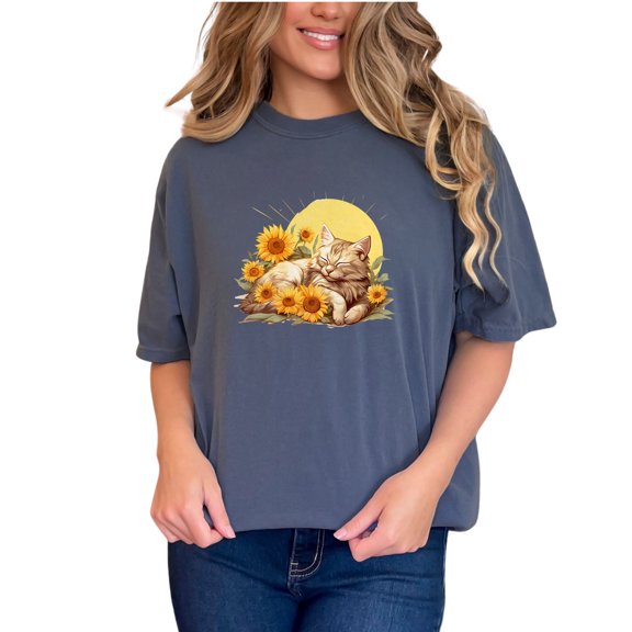 Cute Sleeping Cat with Sunflowers Tshirt, Cat Lover Gift Tee, Adorable Feline and Floral Design Shirt, Unique Cat Art Print Tee, Denim Comfort Colors T-Shirt, Small