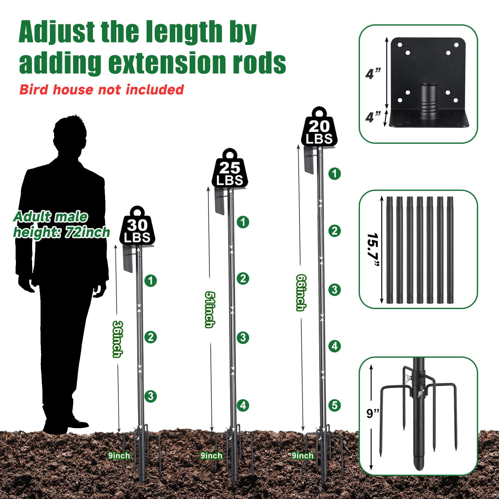 75'' Bird Feeder Pole with 5-Pronged Bracket, Adjustable Heavy Duty Bird House Pole for Outdoor, Matte Black