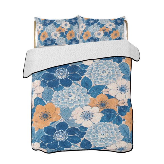 Quilt King Size Bedding Set, Orange Blue Flowers Reversible Summer Quilt 3 Pieces, Farmhouse Botanical Floral Leaves Lightweight Bedspreads Coverlets with 2 Pillow Shams for All Seasons