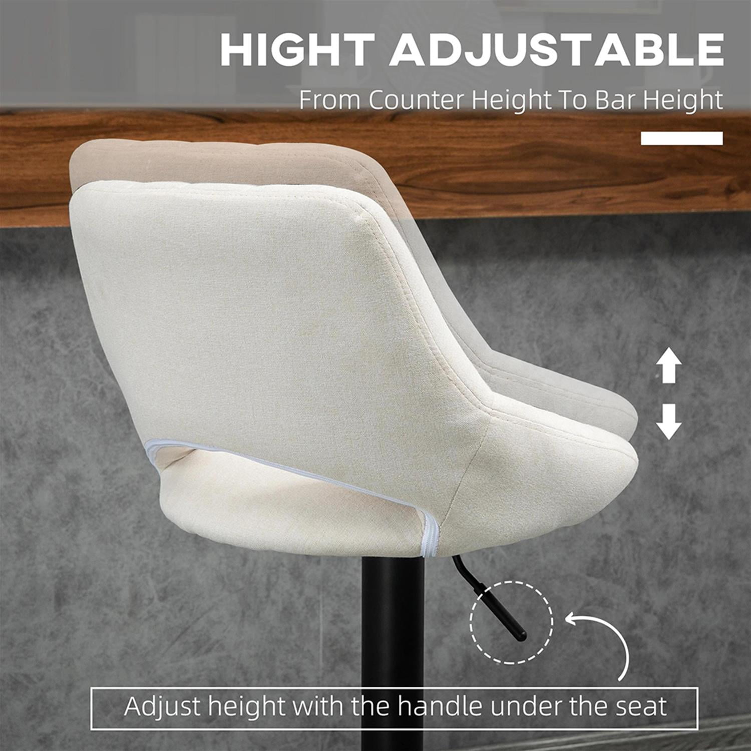 Demi Bonn Modern Swivel Bar Stool Set of 4 with Adjustable Height, Bar Height Stool with Upholstered Back and Steel Legs for Kitchen, Dinning Room, White