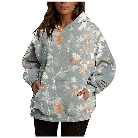 Maple Leaf Print Oversized Hoodies for Women Fashion Camo Hooded Sweatshirts Long Sleeve Pullover Tops with Pocket