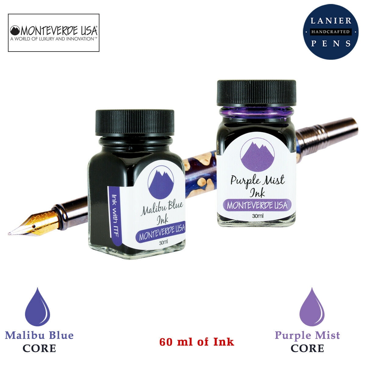 Monteverde 60ml Core Fountain Pen Ink Bottle (30ml Malibu Blue Ink Bottle G309MU, 30ml Purple Mist Ink Bottle G309PM)