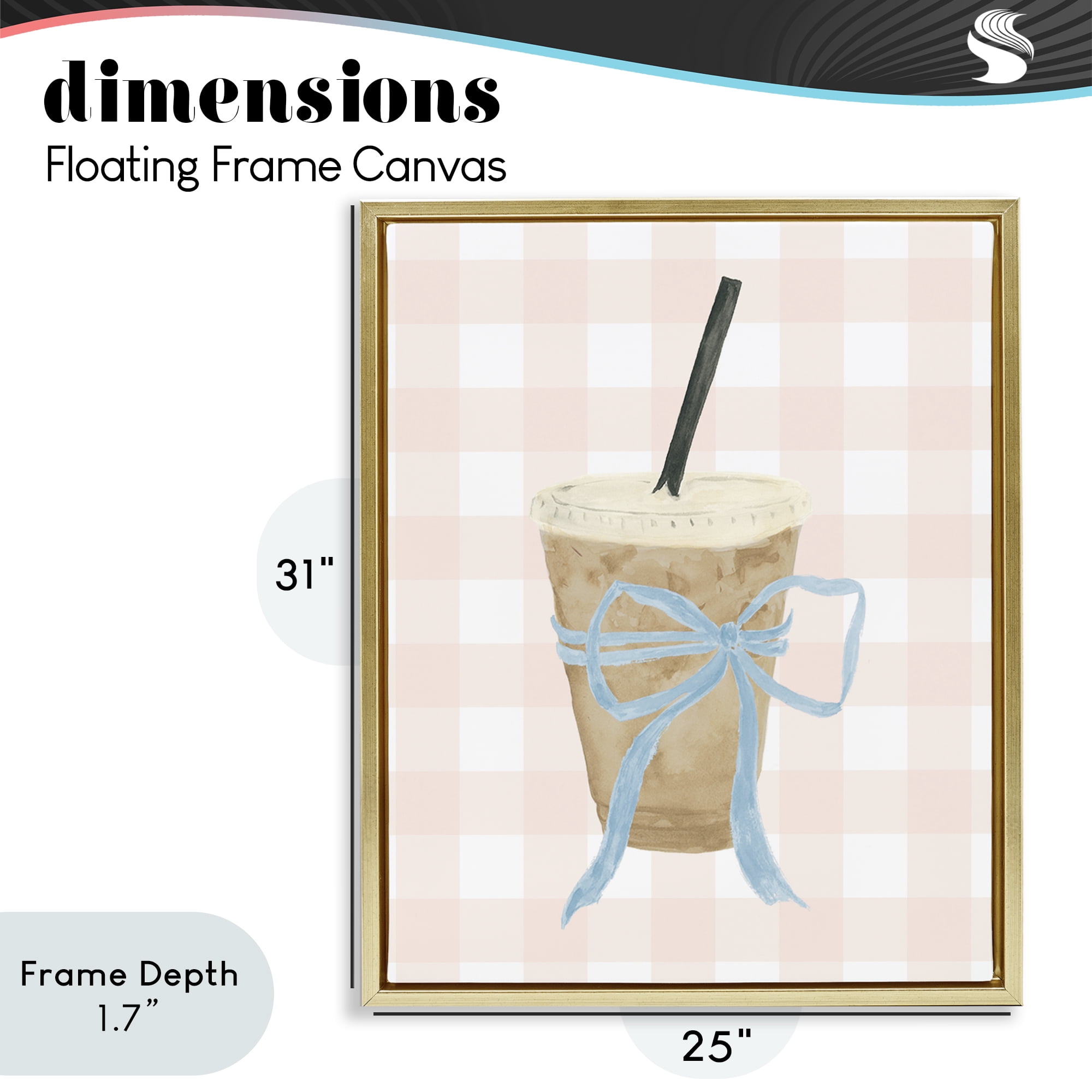 Stupell Industries Iced Coffee on Gingham Gold Framed Floater Canvas Wall Art, design by Lucille Price