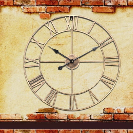 BOKYAN Classic Metal Large Round Iron Wall Clock Roman Numerals Home Decor Antique Retro Style, Battery Operated Living Room Restaurant Art, Gold, 23.62 inches / 60 cm