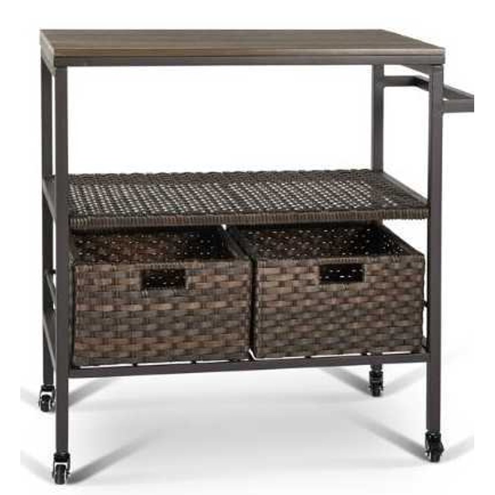 Outdoor Bar Cart, Serving Faux Wood Top, PVC Wicker, Brown