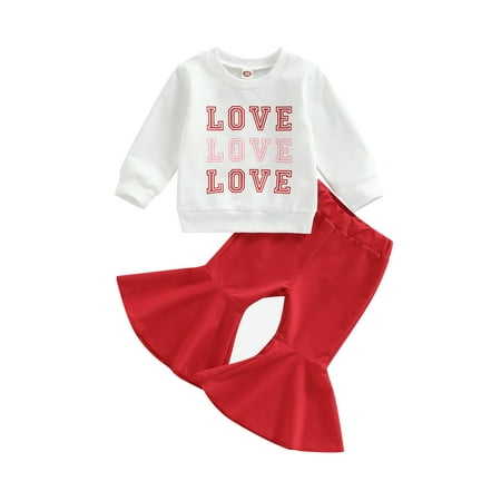 

Diconna Newborn Baby Girl Valentines Day Outfit Heart Print Romper Tops Bell Bottom Pants Headband 3Pcs Clothes Set White 18-24 Months