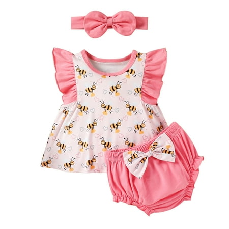 

JDEFEG Teens Clothes for Girls Winter Toddler Girls Fly Sleeve Ruffles Cartoon Bee Prints T Shirt Tops Bowknot Shorts Headbands Outfits Baby Short Sleeve Red 100