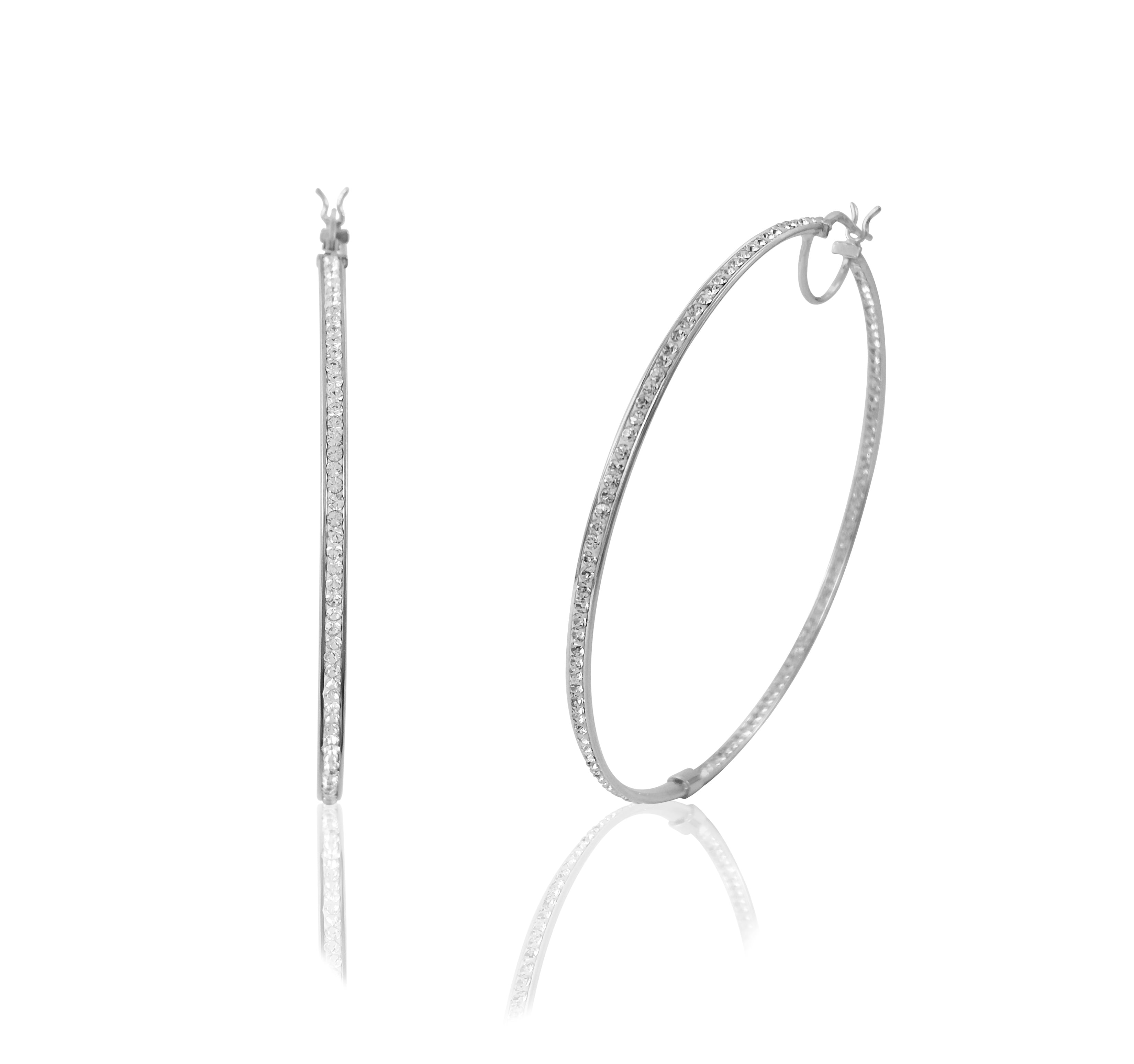 Brilliance Fine Jewelry Women's Rhodium Plated Sterling Silver In-Out Crystal Round Hoop Adults Earring