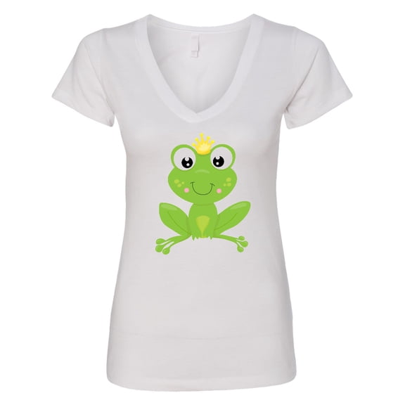 Inktastic Cute Frog, Green Frog, Crown, Frog Prince Women's V-Neck T-Shirt