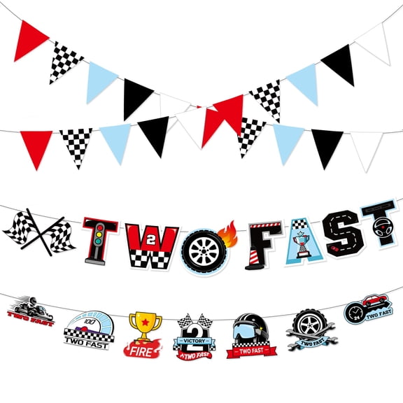 Sinekong Two Fast Banner, Race Car Birthday Decorations, Vintage Racing Car Triangle Flags, 2nd Birthday Photo Backdrop Props for Boys
