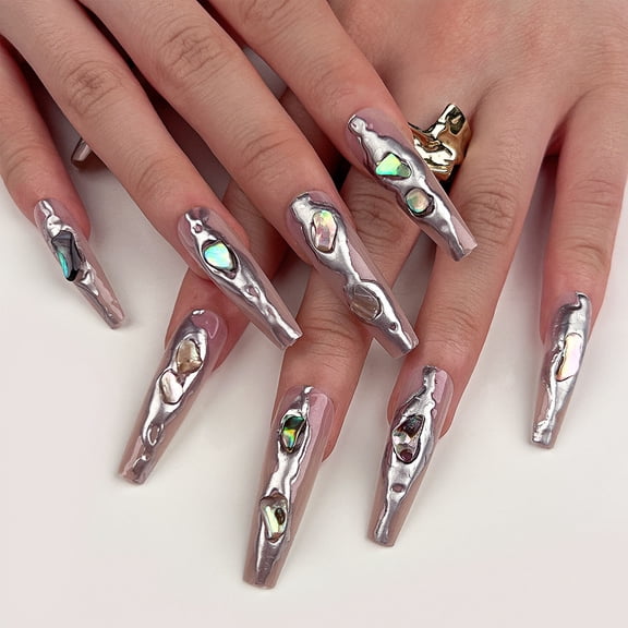 3D three-dimensional magic mirror powder wears nail pads, gemstones flash nail art, cross-border European and American hot-selling y2k fake nail wholesale