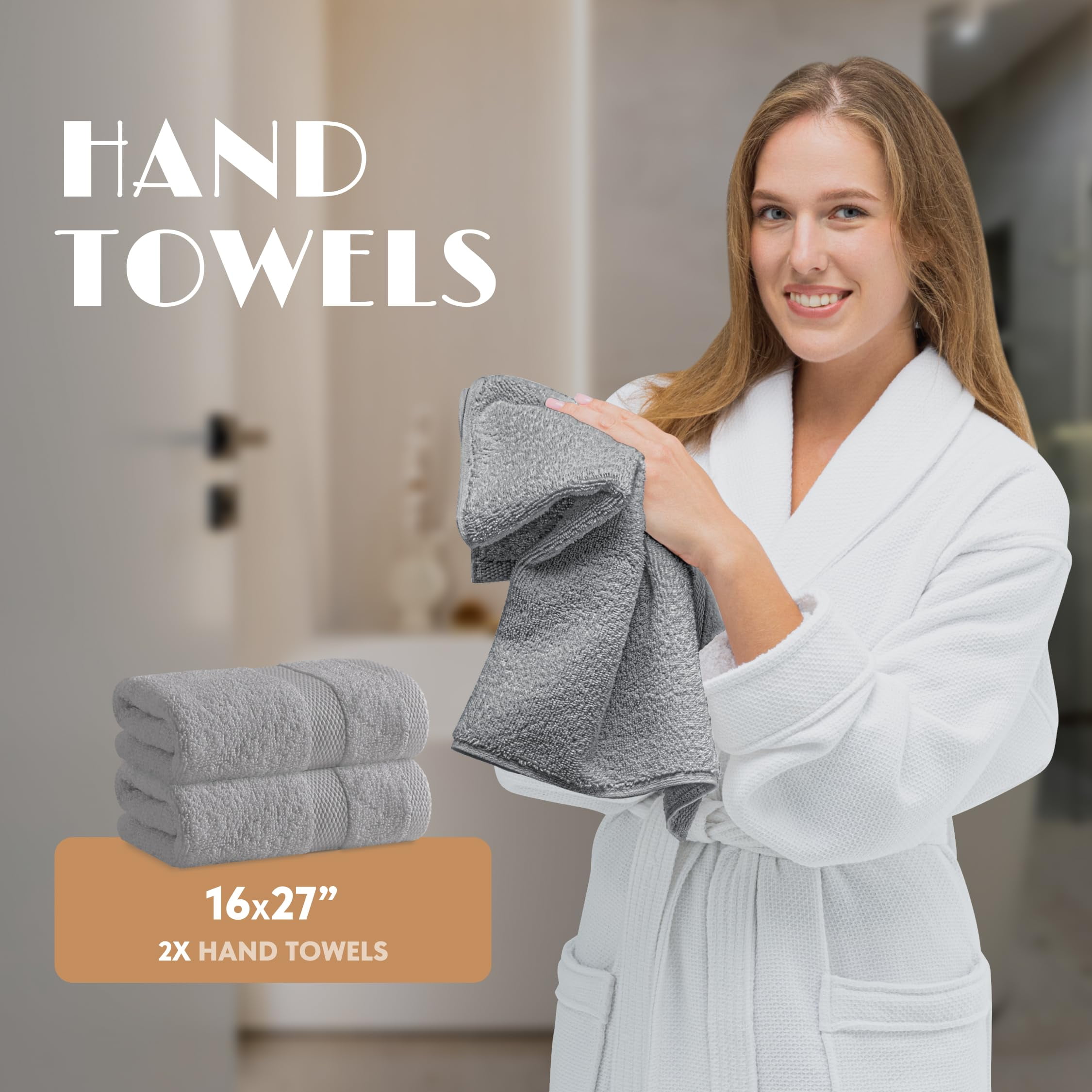 White Classic Light Gray Bath Towel Set of 6 - 100% Cotton Highly Absorbent Towels for Bathroom, 2 Luxury Bath Towels 650GSM, 2 Hand Towels, 2 Washcloths