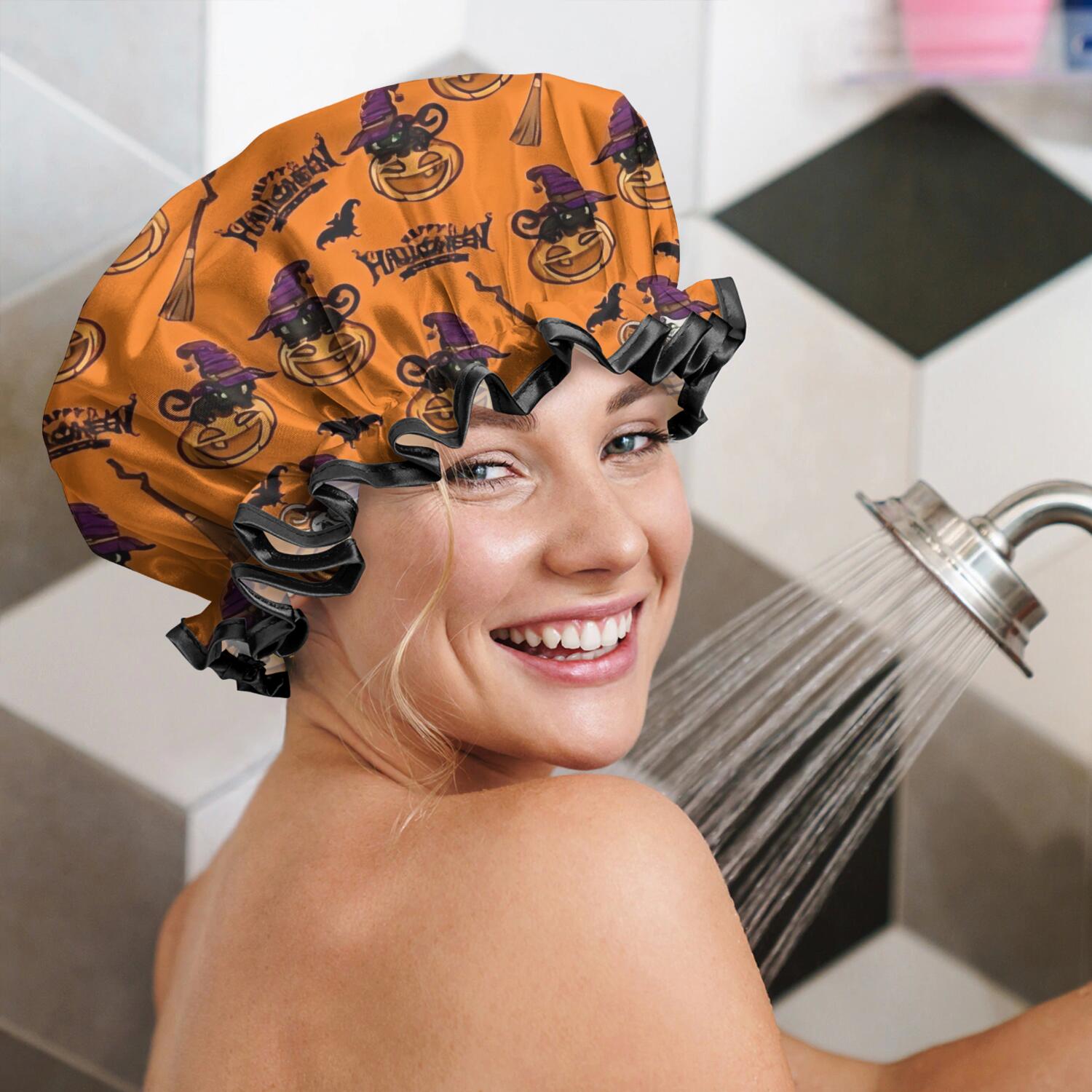 Shower Caps,Halloween Pumpkin Witches Pattern Waterproof Shower Cap for Women 4 Pieces,Double Reusable Hair Cover for Shower PEVA Elastic Stretch Hem