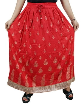 Mogul Women Red Maxi Skirt Crinkled Printed Golden Bootis with Lace Bohemian Skirt L