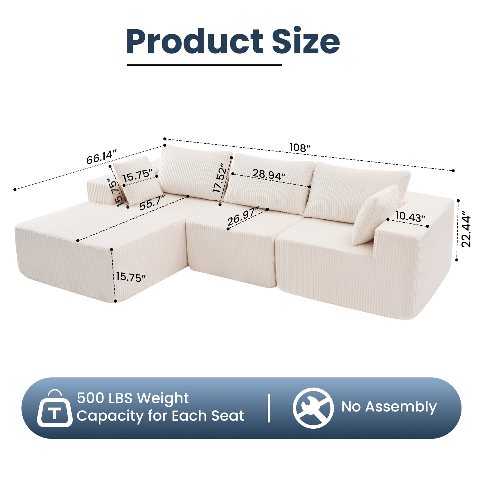 Gianna 108" L-Shaped Modular Sectional Sofa with Left Chaise, Flexible and Comfortable Couch Set