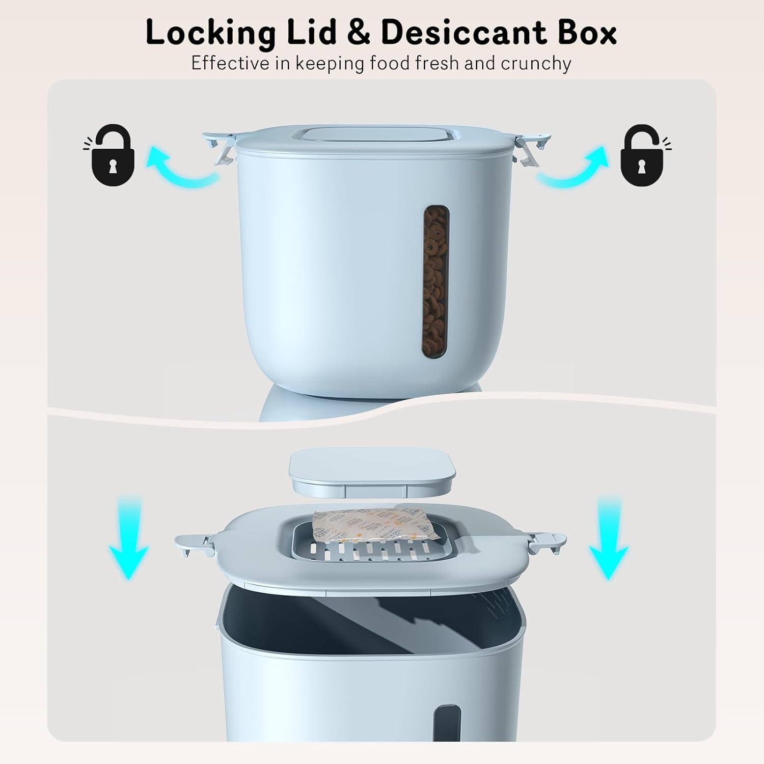 Automatic Cat Feeder and Water Dispenser FW1, Programmable Pet Food Dispenser with Wire or Battery Power, 4 Meals Daily, Portion Control, 10s Voice Recorder, Locking Lid, Blue